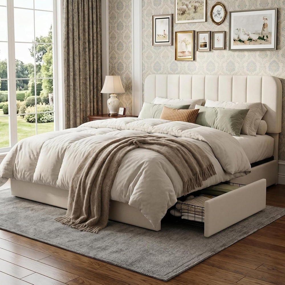 IDEALHOUSE Queen Size Velvet Upholstered Bed Frame, Beige
