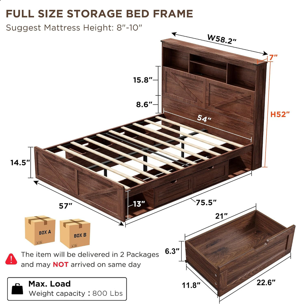 ACCOHOHO Farmhouse Full Size Bed Frame with 52" Tall Storage Headboard a...