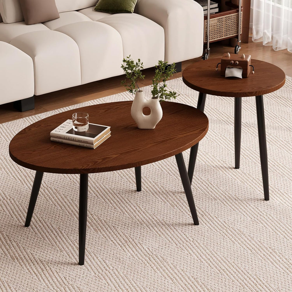 2 Pcs Small Oval Coffee Table,31.5" Retro Walnut Coffee Tables Nesting T...