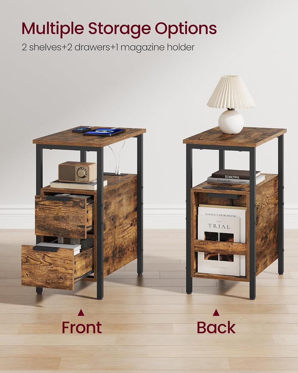 VASAGLE Side End Table with Charging Station, Slim Nightstand with 2 Drawers,...