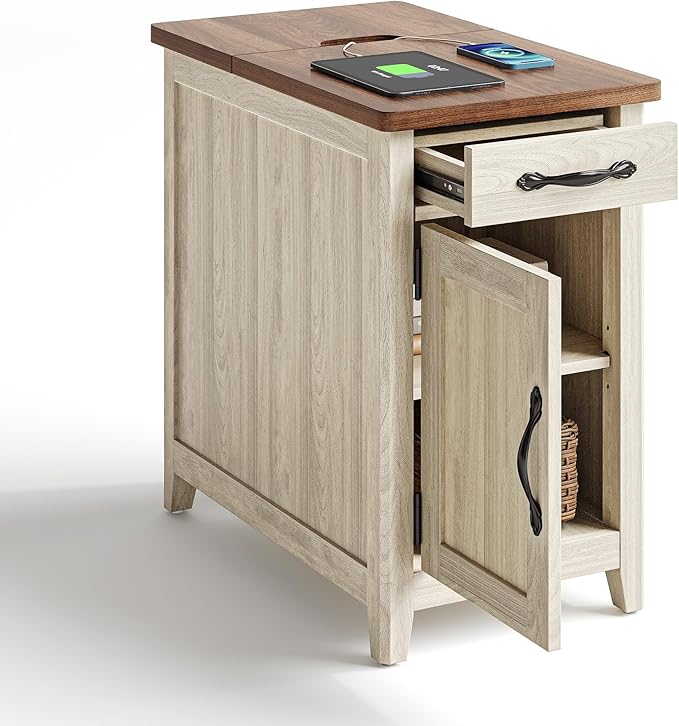 LINSY HOME Farmhouse End Table with Charging Station, Narrow Side Table for L...