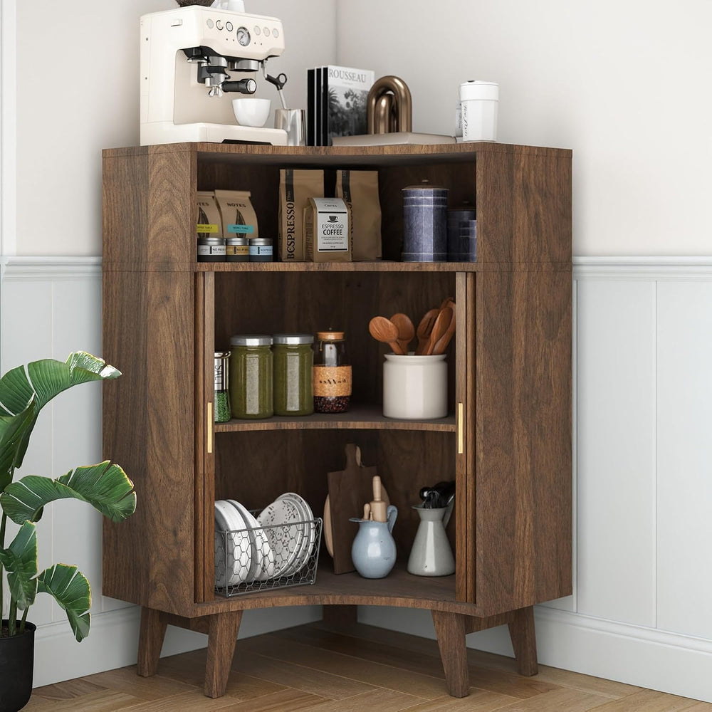 Fluted Corner Cabinet with Open Storage, Modern Floor Cabinets
