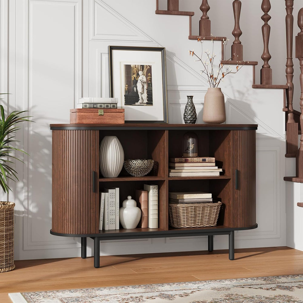 QUW Console Table with Sliding Tambour Doors, 47" Mid Century TV Stand w...