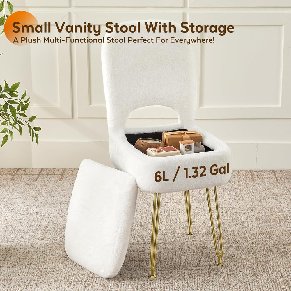 BRIAN & DANY Vanity Chair with Storage and Folding Back, Faux Fur Square ...
