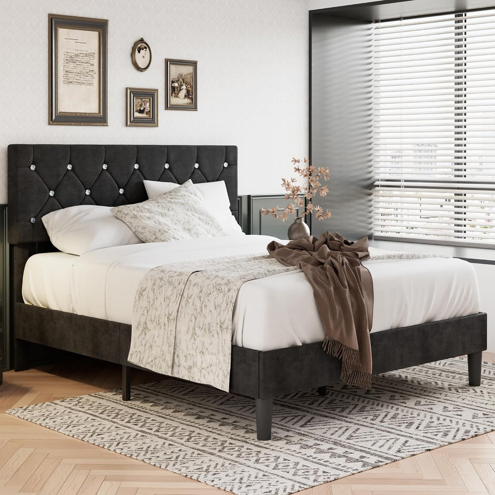 VECELO Queen Size Bed Frame, Upholstered Platform with Adjustable Diamond Tuf...
