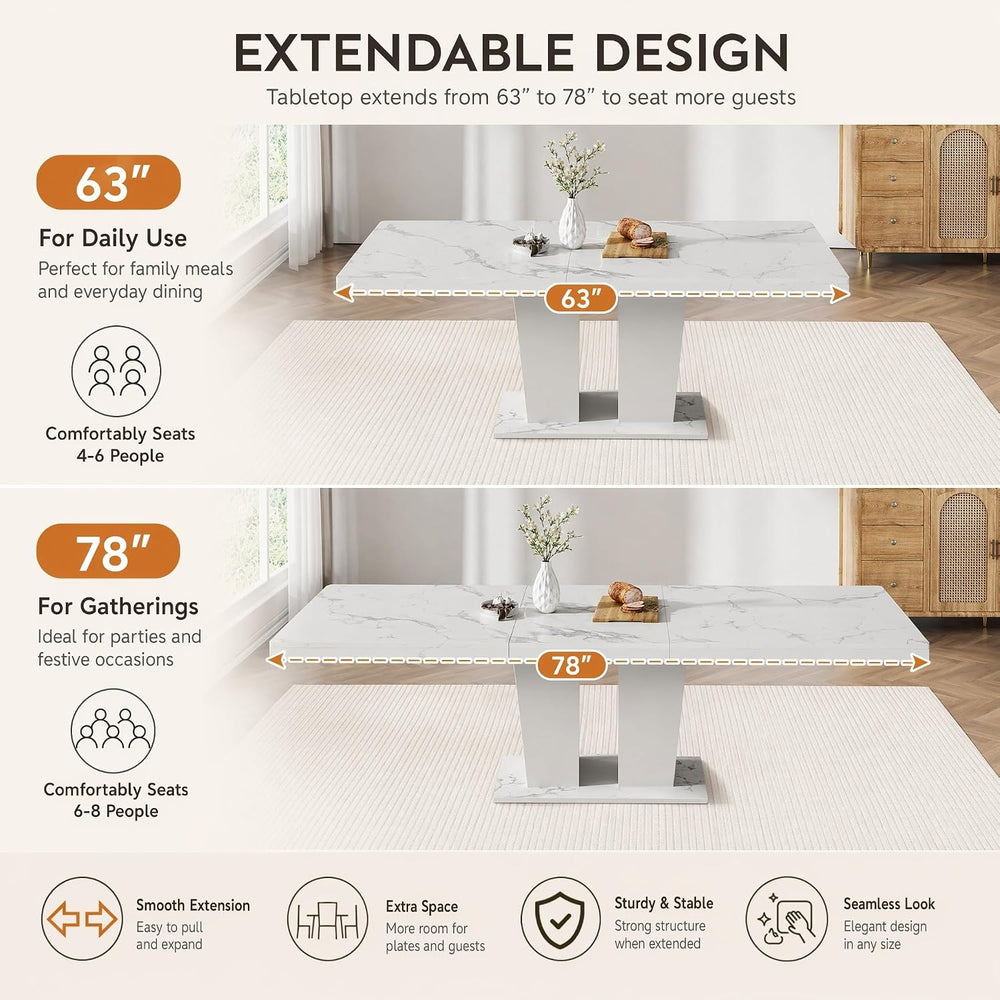 HomVent White Faux Marble Expandable Dining Table Set for 6 | 63"-79&quo...