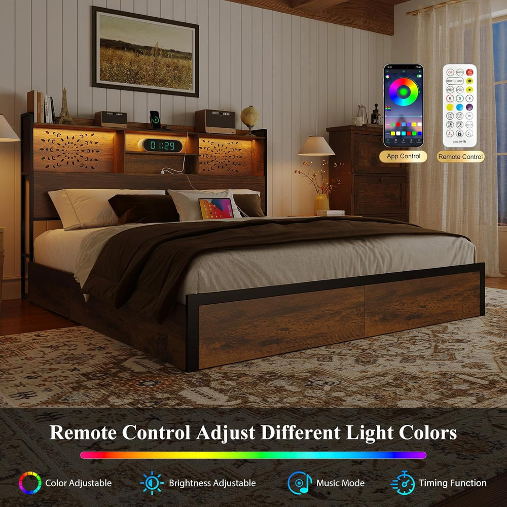 Belffin Queen Bed Frame with 6 Storage Drawers and Carving Headboard