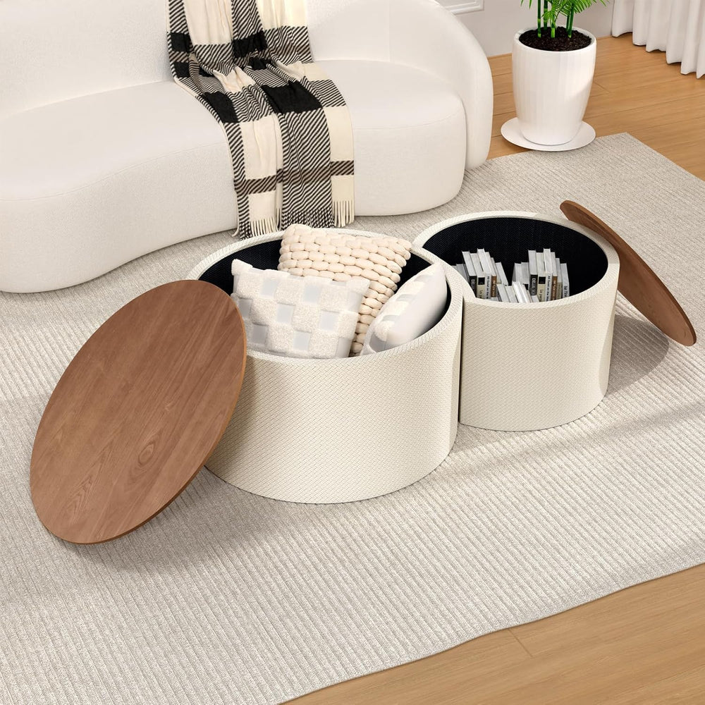 Nesting Coffee Table Set of 2, Modern Round Storage Coffee Table, (White) | W...