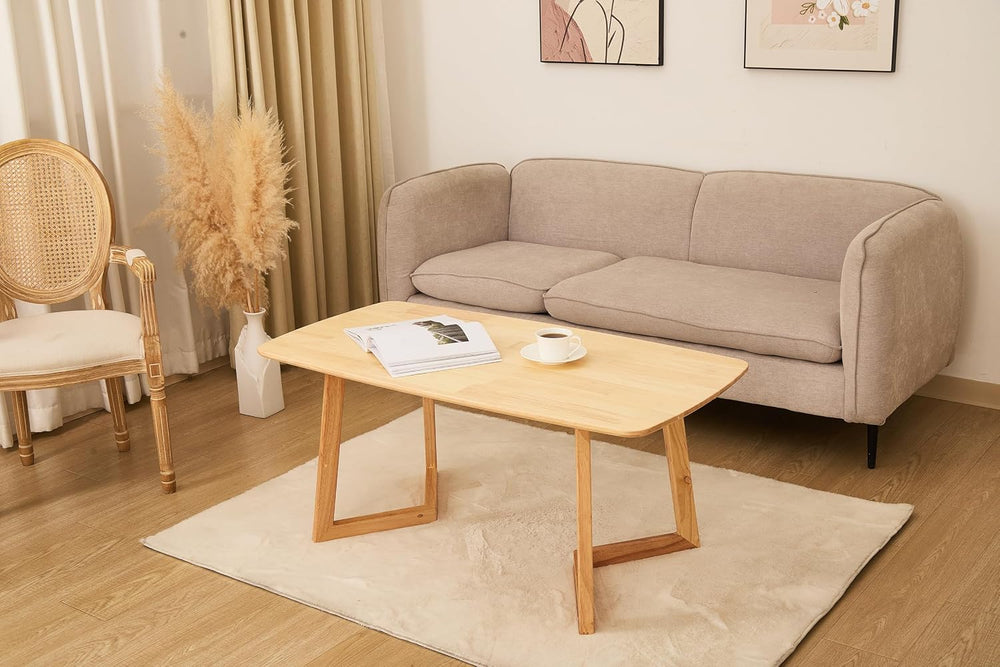 Mid-Century Modern Rectangular Coffee Table, Solid Wood Small Coffee Table wi...