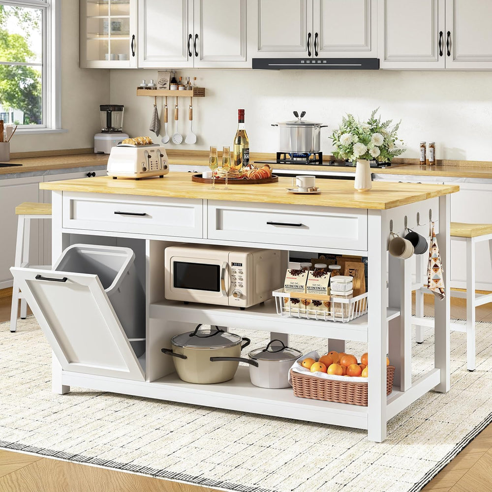DynJest Kitchen Island with Storage and Seating Include 2 Bar Stools, White |...