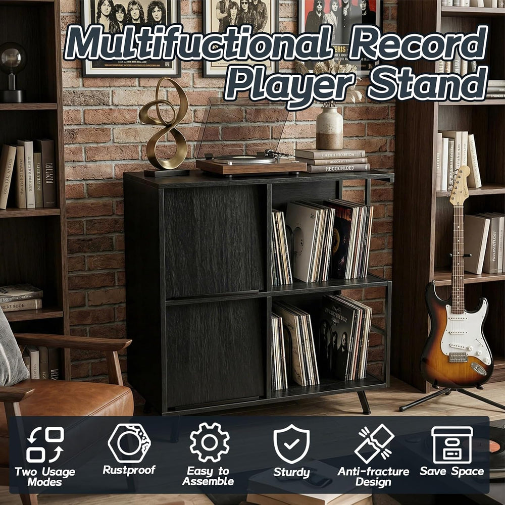 Faesun 3 Tier Record Player Stand with Flip-Down Record Shelf, Black