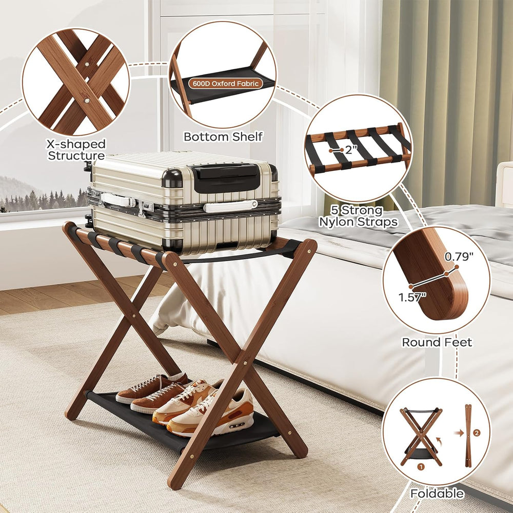 Fully Assembled Walnut Luggage Racks Set of 2, Bamboo 26.77" Luggage Rac...