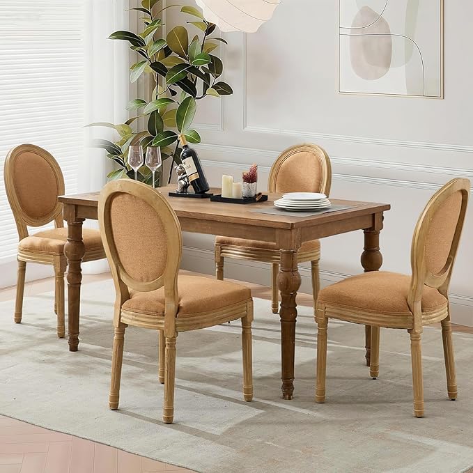 Linen Upholstered Dining Chairs Set of 2 French Country Oval Fabric Back Kitc...