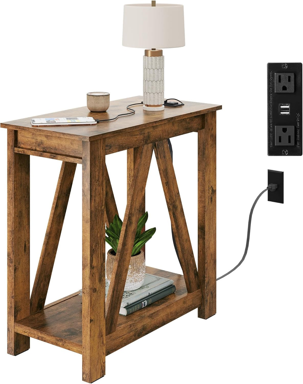 WLIVE Farmhouse End Table, Narrow Side Table with Charging Station, Slim End ...