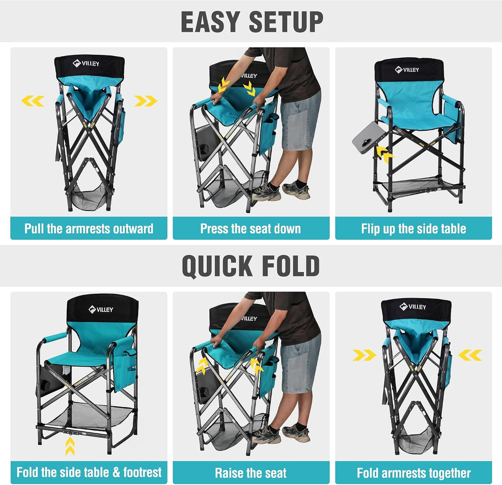 VILLEY Tall Directors Chair, Folding Camping Chair with Footrest | Heavy Duty...