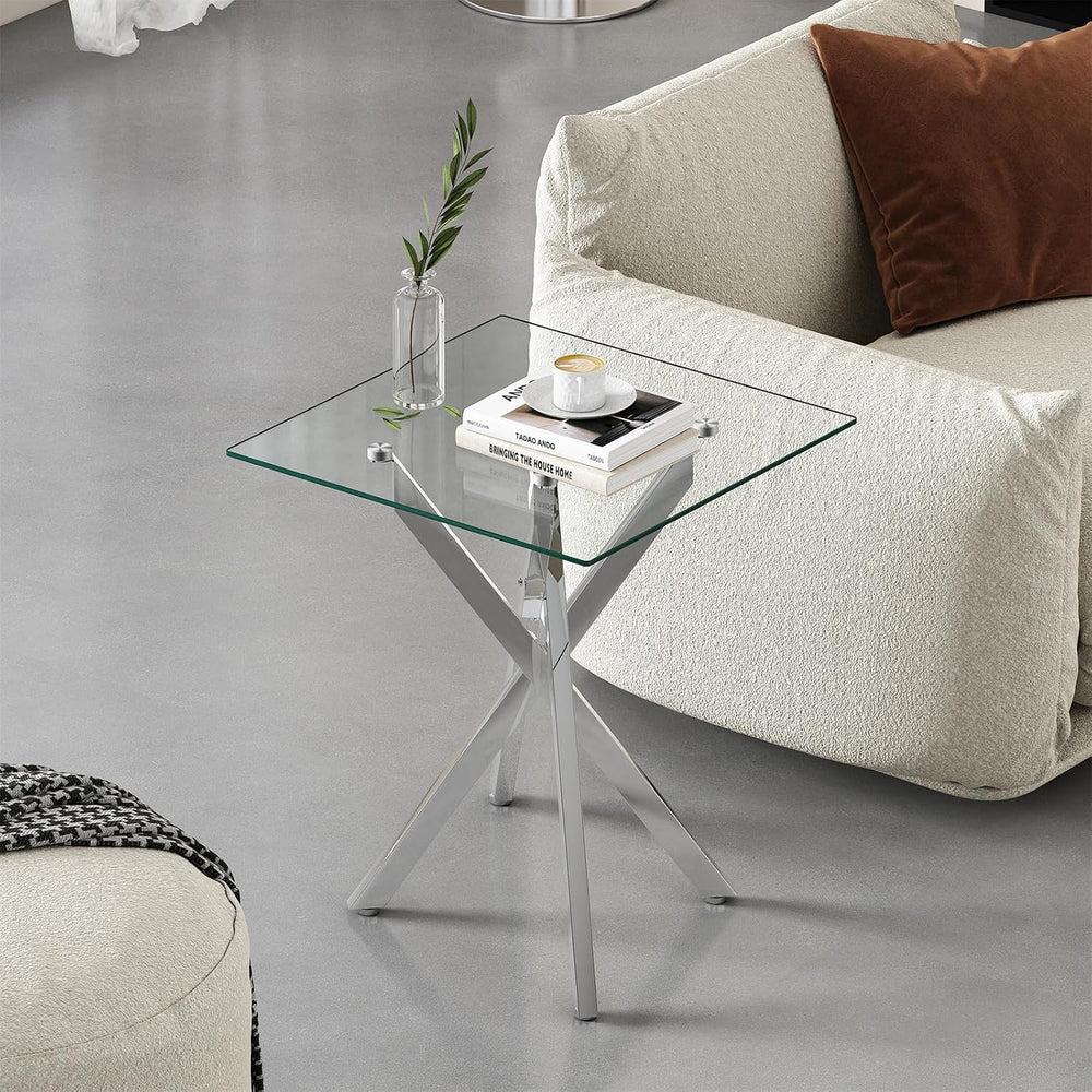 Modern Square End Table with Glass Top, Glass End Side Table for Living Room ...