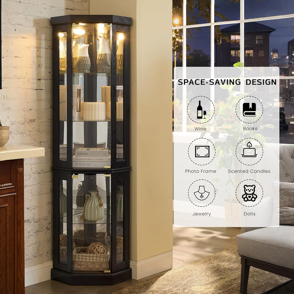 Corner Curio Cabinet, 70" H Lighted Glass Display Cage with Tempered Gla...