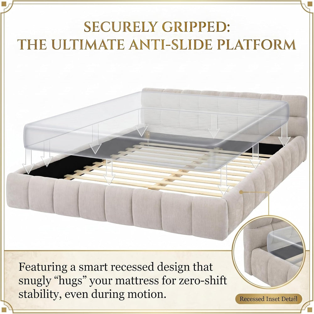 Chenille Fabric Upholstered Platform Bed Frame with Soft Headboard, Modern Lo...