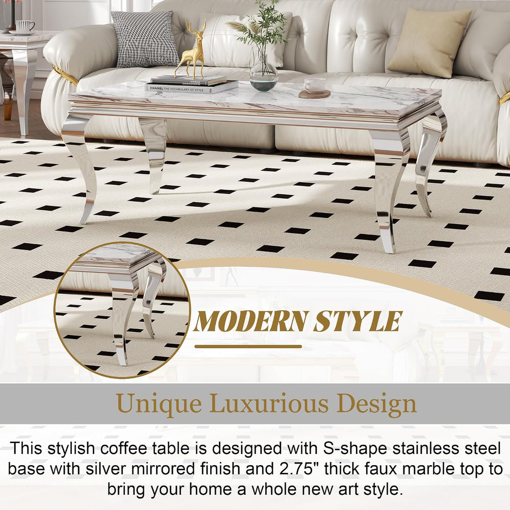 3 Piece Marble Living Room Table Set with 1 Coffee Table, 1 Console Sofa Tabl...