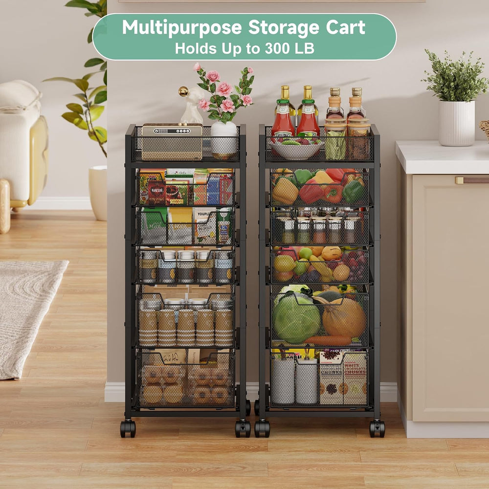 6-Tier Rolling Cart with 5 Drawers & Top Basket, Snack Cart with Wheels |...