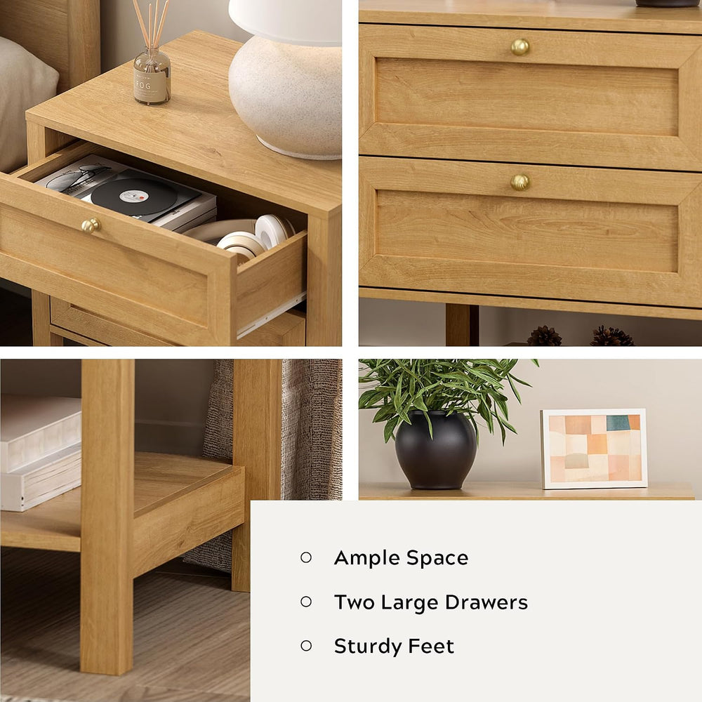 End Table with 2 Drawers, Farmhouse Nightstand with Open Shelf, Modern Bedsid...