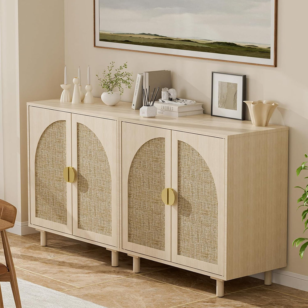 Rattan Sideboard Buffet Cabinet, Wood Storage Credenza Cabinet with Doors and...