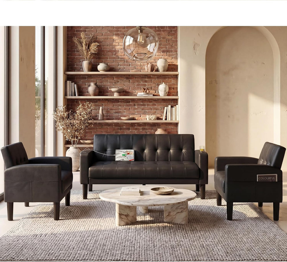 62" W Leather Loveseat and 2 Chairs, Living Room Sets w/Charging Station