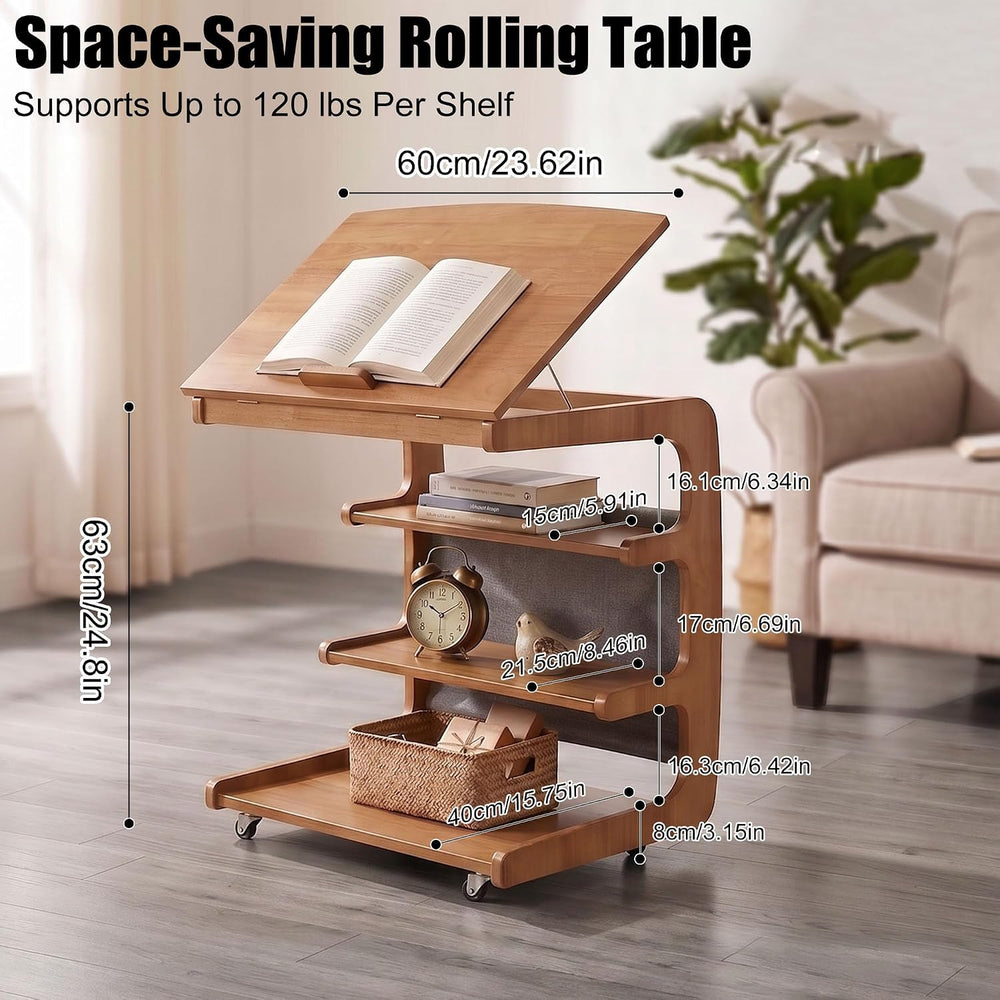 100% Solid Wood C Shaped End Table with Swivel Wheels, Lift Top Couch Table w...