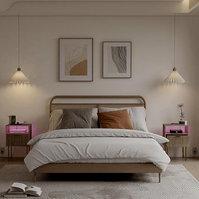 Modern Nightstand with Charging Station and LED Lights, White Bedside Table w...