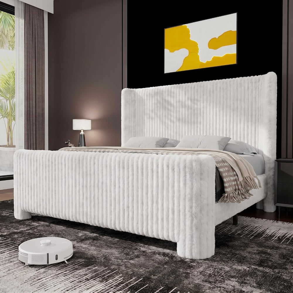 Ihanherry Queen Size Bed Frame with Faux-Fur Curved Wingback Headboard & ...