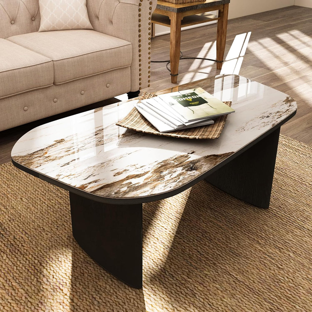 Luxury Marble Coffee Table, Premium Sintered Stone Top, Natural Wood Look Bas...