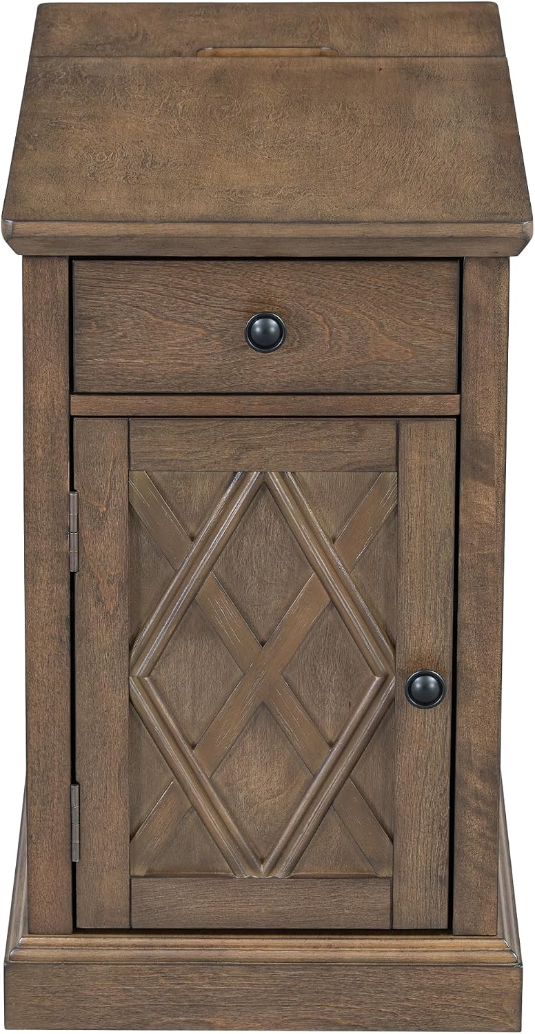 Merax Vintage End Table with Charging Station, Narrow Side Table with Cup Hol...