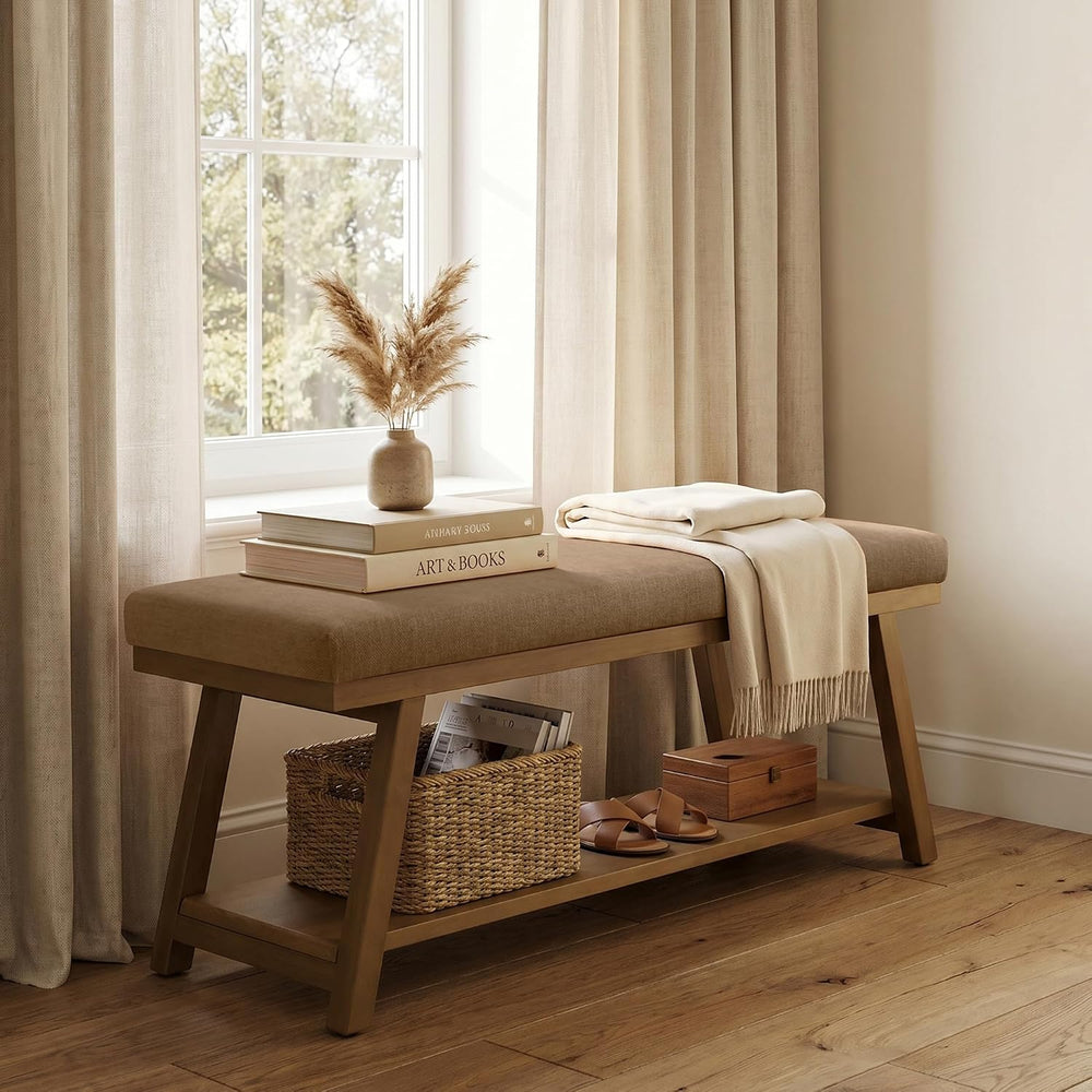 Zihanhome 45" Entryway Bench Upholstered Storage Bench for Bedroom(Brown...