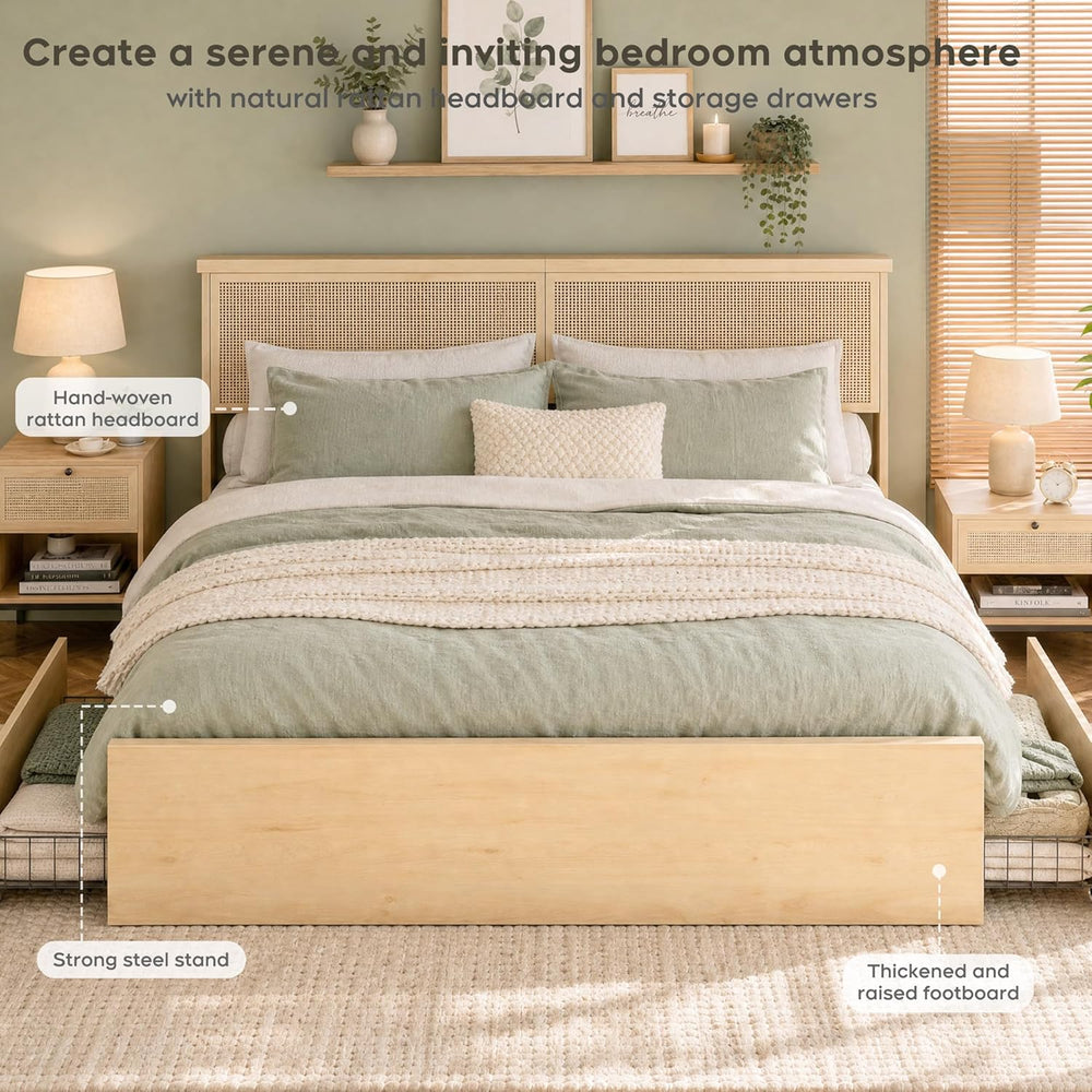 Yechen Queen Bed Frame with Natural Rattan Headboard and Wooden 4 Storage Dra...