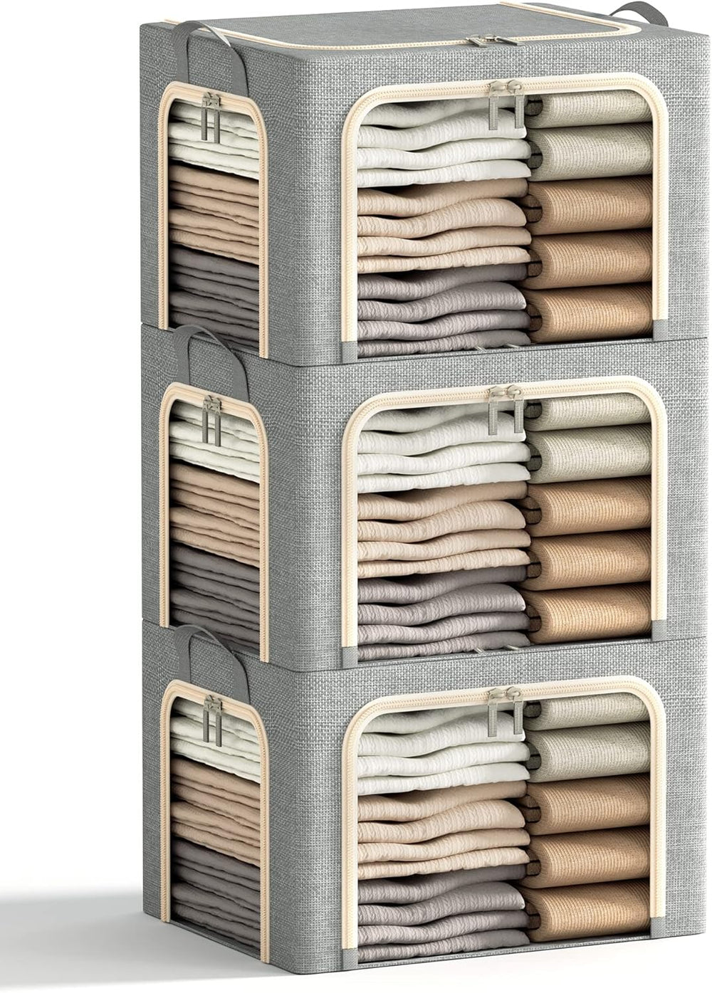 3 Openings Clothes Storage Bins with Metal Frame, Foldable Storage Bin for Cl...