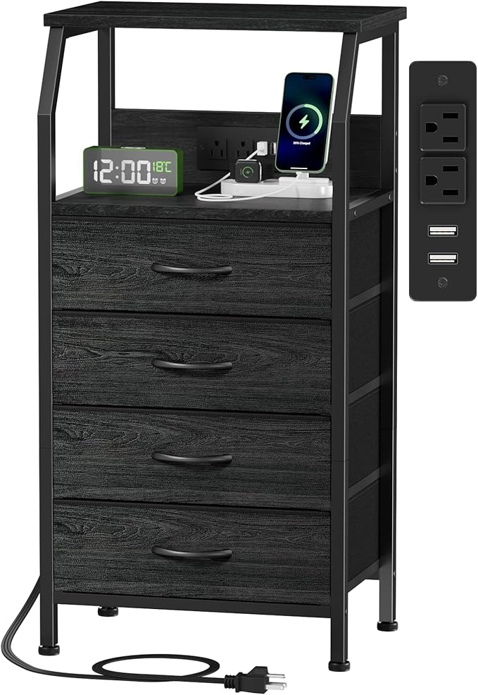Furnulem Night Stand with Charging Station, 4 Drawer Dresser with Storage She...