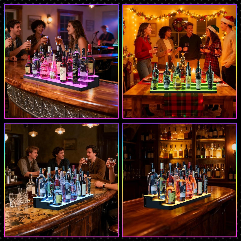 LED Illuminated Bar Bottle Display Rack, 3-Tier 32" Multi-Color Whiskey ...