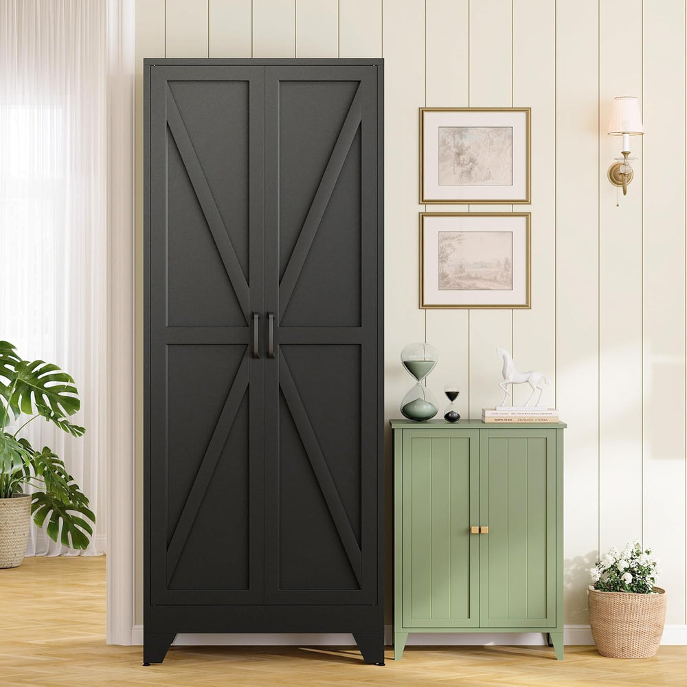 RAVIGIN Farmhouse Storage Cabinet,75" H Metal Pantry Cabinet with Barn D...