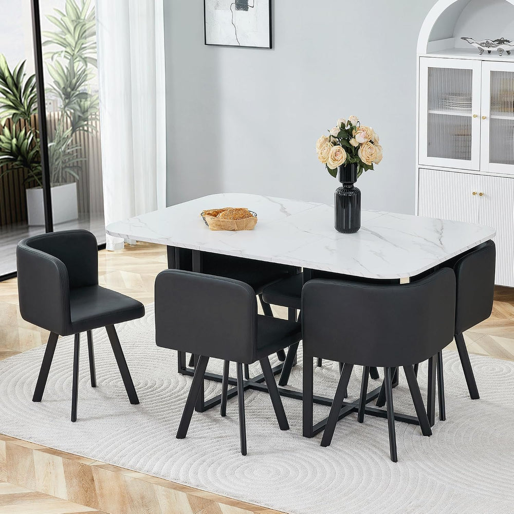 Merax 7-Piece Dining Set with Faux Marble Table, PU Upholstered Chairs, Space...