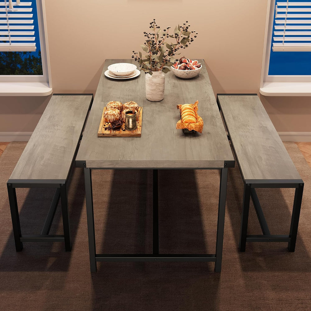 Dining Table Set for 4 with 2 Benches, 3-Piece Kitchen Table Set, Space-Savin...