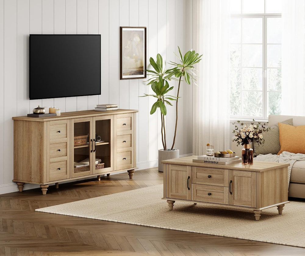 WAMPAT Farmhouse Sideboard Buffet Cabinet with Glass Door & Adjustable Sh...