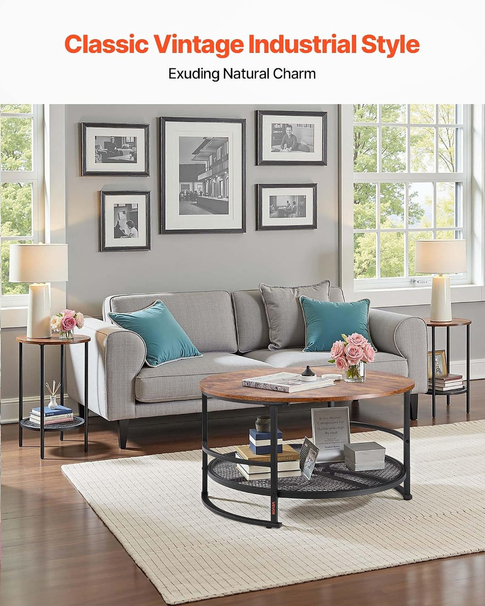 VEVOR 3 Pieces Round Coffee Table Sets, 31.5 in Industrial Living Room Table ...