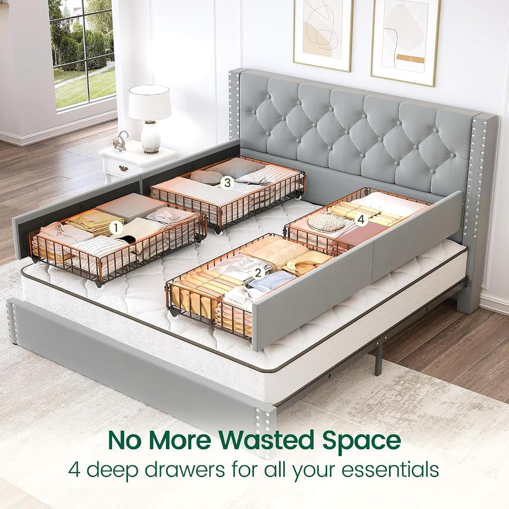 LARMACE Full Size Bed Frame Upholstered Platform Bed with 4 Storage Drawers a...
