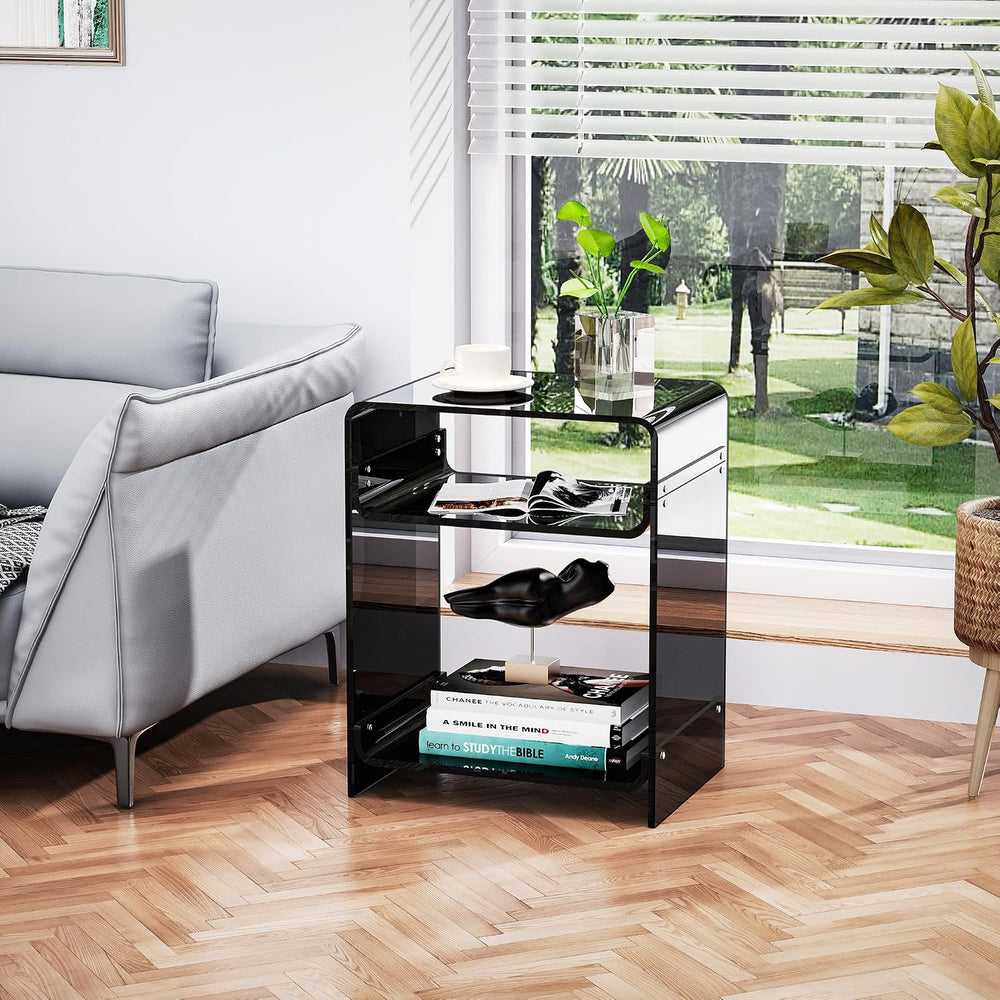 Acrylic End Table Record Player Table with Storage Shelf Clear Side Table Nig...