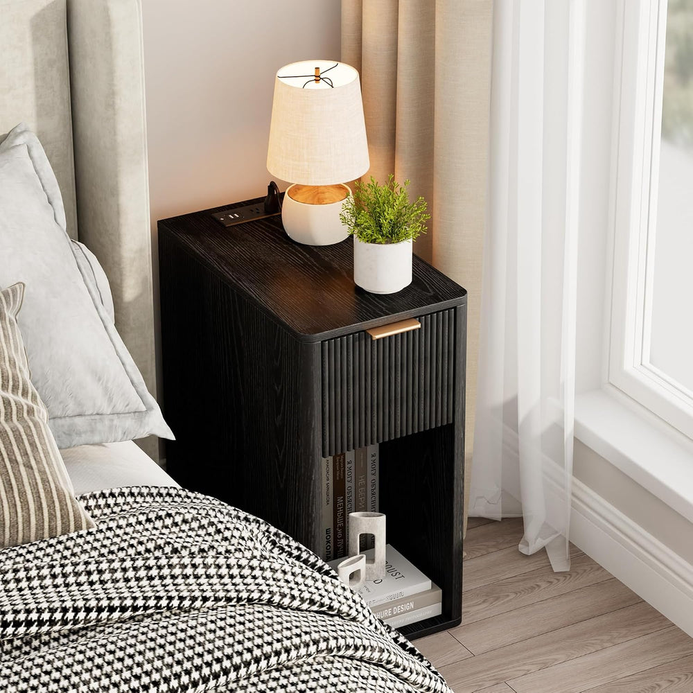 Homleke Narrow End Table with Fluted Drawer and Charging Station, Small Night...