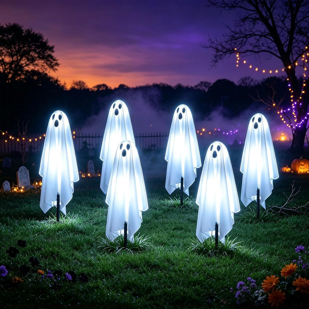 6 Pack Halloween Solar Ghost Lights Outdoor Decorations, 12.82FT Spooky Ghost...