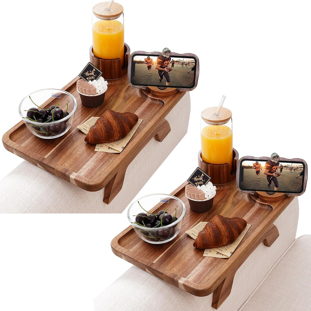 Nnewvante 2 Pack Couch Armrest Table, Acacia Wood Sofa Arm Clip On Tray | 3 i...