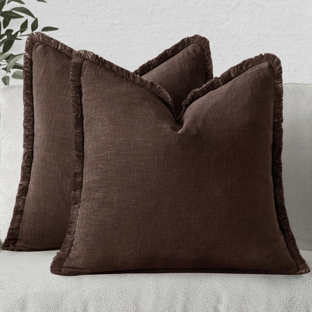 MIULEE Linen Fringe Decorative Fall Throw Pillow Covers Dark Brown 20x20