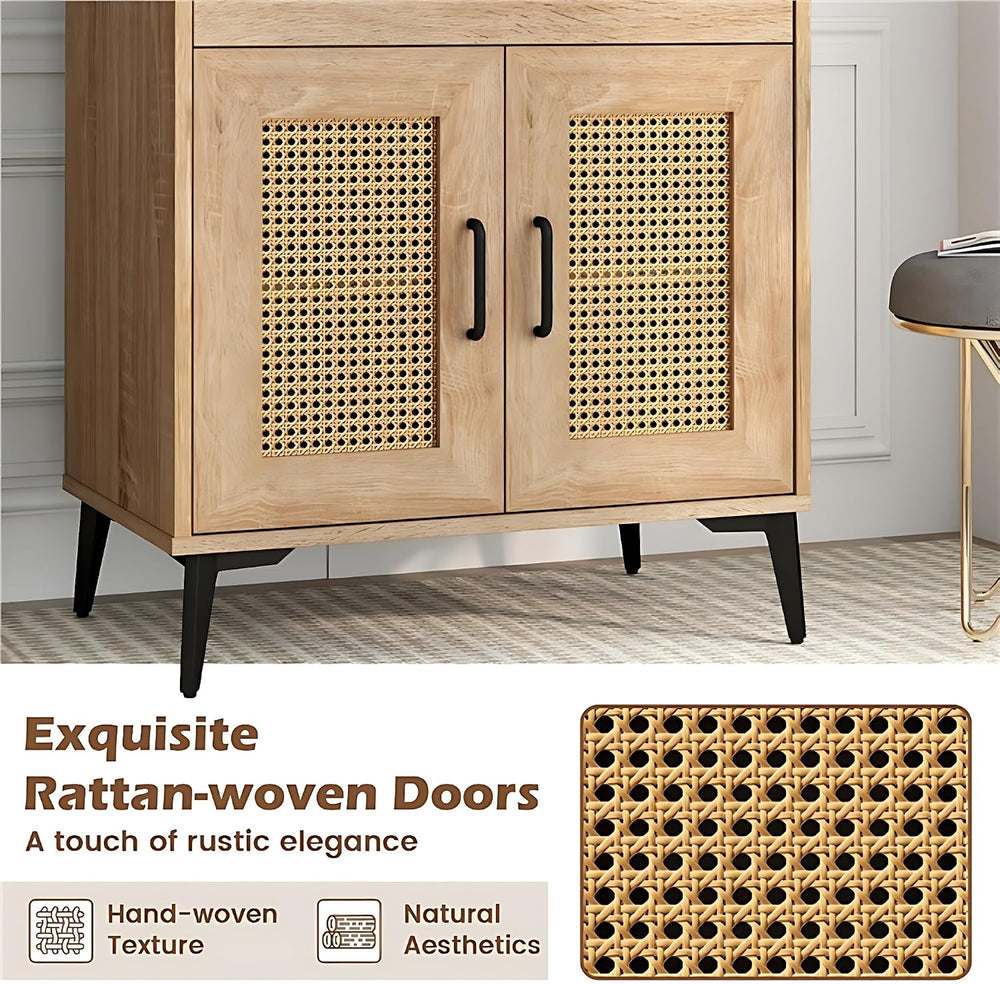 LDAILY Kitchen Pantry Cabinet, Rattan Buffet Cabinet with Hutch, DIY Pegboard...