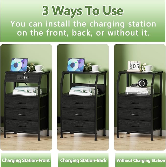 Furnulem Night Stand with Charging Station, 28.3 Inch Tall Side Table with Fa...